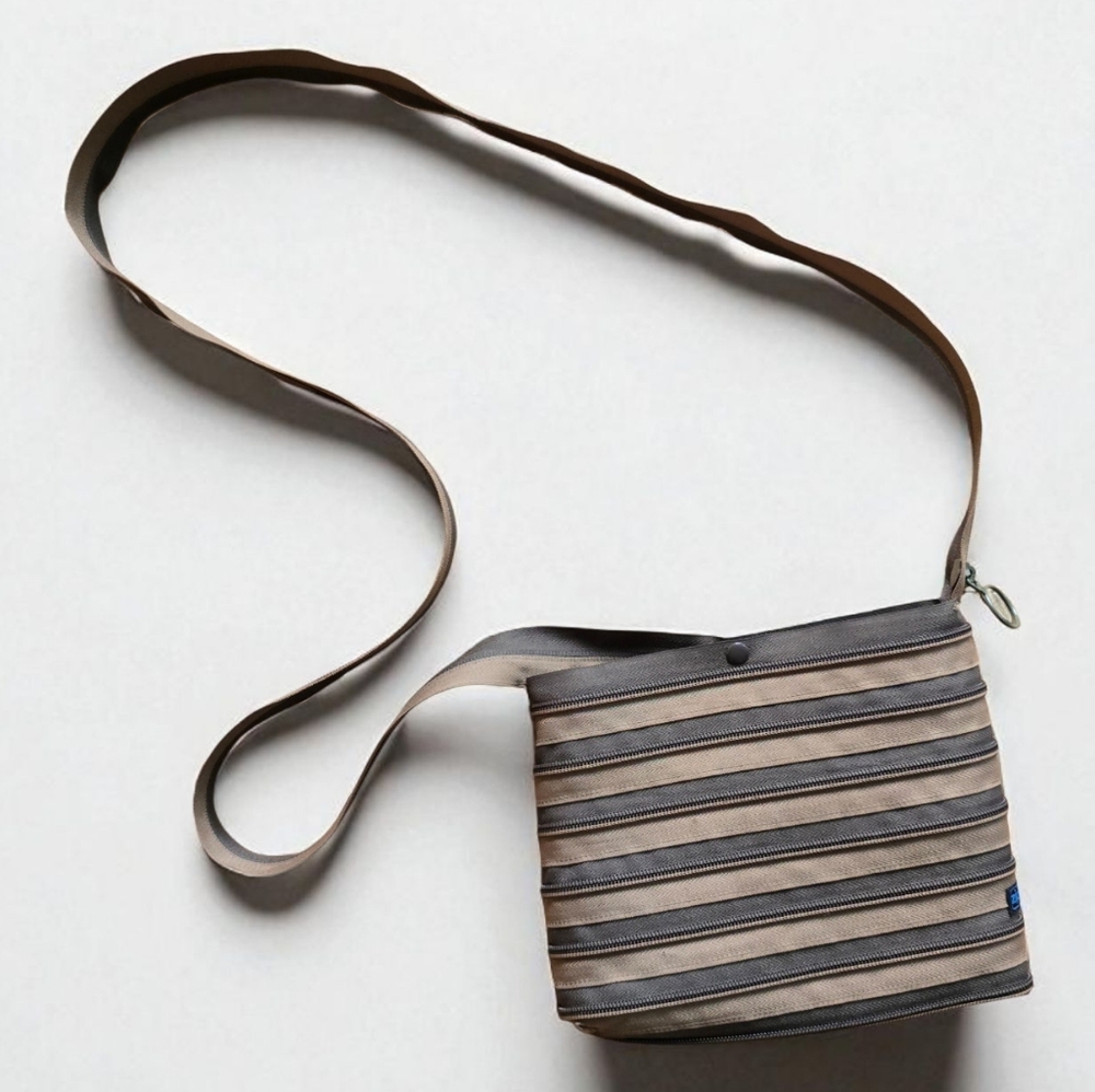 Zip It Striped Gray and Brown Crossbody Bag